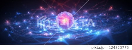 Atom with rotating electrons, energy and matter concept background 124823776