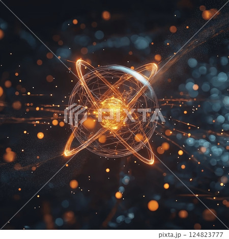 Atom with rotating electrons, energy and matter concept background 124823777
