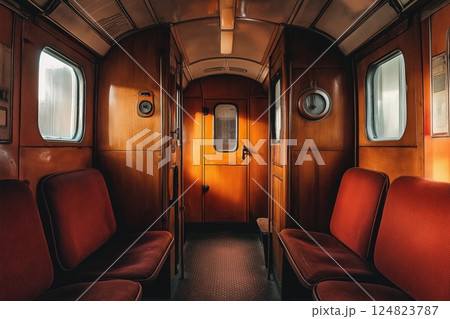 Vintage train interior with retro seating 124823787