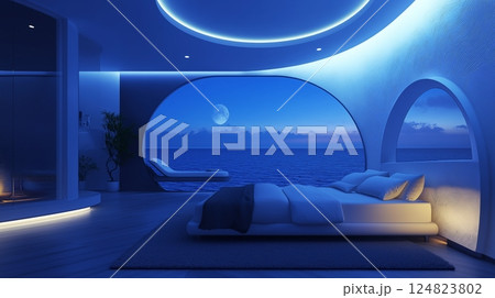 Cozy bedroom with stunning ocean view and moonlight illuminating the serene atmosphere at night 124823802