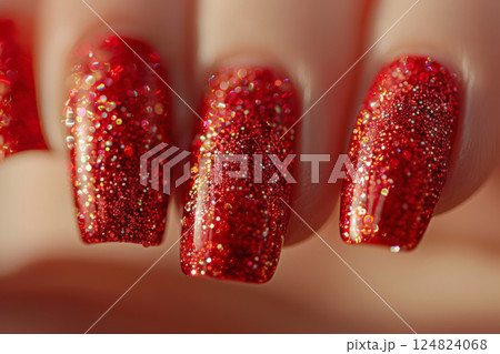 Close-up of nails with red glitter manicure 124824068
