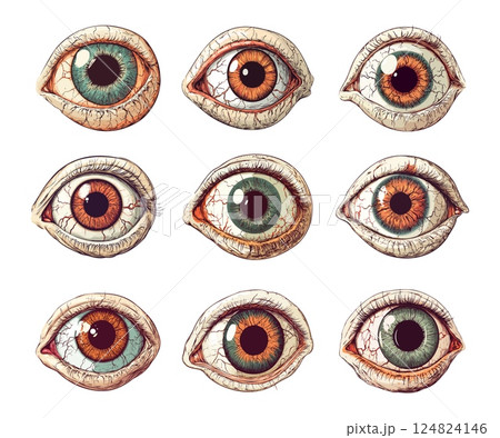 Zombie creepy eye with optic nerve cartoon vector set. View body part human scary look halloween horrible frightening orb, isolated illustration on white background 124824146