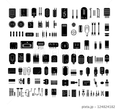 Transistor electronic component vector icon set. Circuit conductor semiconductor motherboard diode resistor microelectronic capacitor transistors gadgets parts black isolated vectors 124824182
