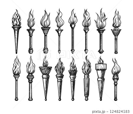 Torches engraving vector set. Flame torch light signals beacons, medieval fire ancient lantern wooden stick, hand made black ink sketch isolated vectors 124824183