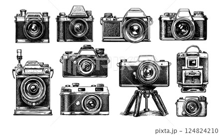 Retro photo cameras engraving vector set. Video image capture old devices, snapshot movie tools lens, black monochrome ink sketch isolated illustrations 124824210