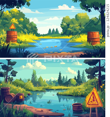 Poison toxic pollution lake with warning signs cartoon concepts. Pond swamp alerts hazard pointers warnings metal waste barrels, eco environmental contamination crisis disaster vector illustrations 124824215