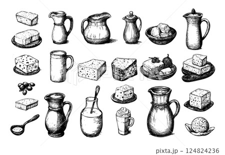 Milk dairy products engraved vector set. Jug butter yogurt cheese cottage, organic fresh protein nutrition farm production hand made rural food, monochrome retro ink sketch isolated vectors 124824236
