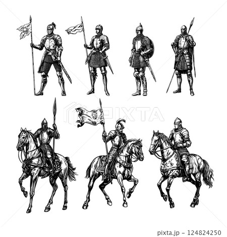 Medieval knights engraving vector set. Horse steel armor plate swords spears shields ancient warriors soldier trooper characters, battle field old army assault forces, hand drawn illustrations 124824250