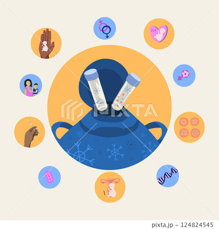 Vector isolated illustration of egg and sperm freezing. Cryopreservation. Preparation for artificial insemination. Egg and sperm donation. 124824545