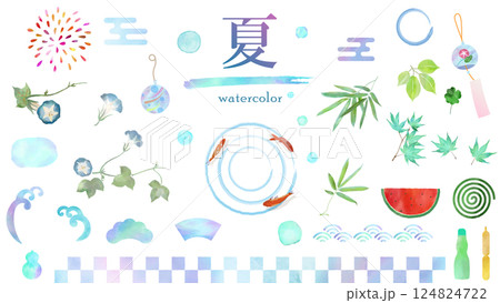 夏の和風水彩イラスト素材セット　白背景、アイコン、和柄、朝顔、金魚、すいか、ラムネ、花火、波、風鈴 124824722