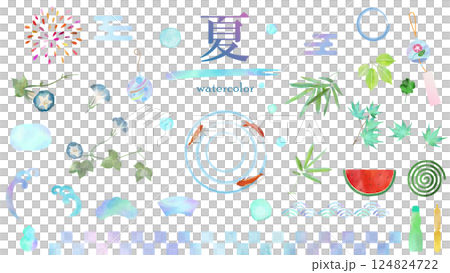 夏の和風水彩イラスト素材セット　白背景、アイコン、和柄、朝顔、金魚、すいか、ラムネ、花火、波、風鈴 124824722