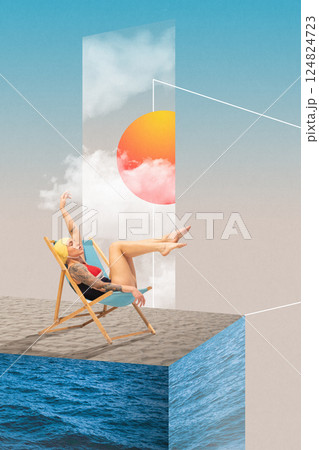 Tattooed woman in swimsuit reclining in beach chair on floating sand platform with abstract sun and sea below. Contemporary art collage 124824723