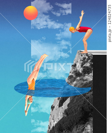 Woman in red swimsuit diving from rocky cliff into oval pool floating in sky, against abstract summer background. Contemporary art collage. Woman in red swimsuit diving from rocky cliff into oval pool floating in sky, against abstract summer background. Contemporary art collage. 124824735