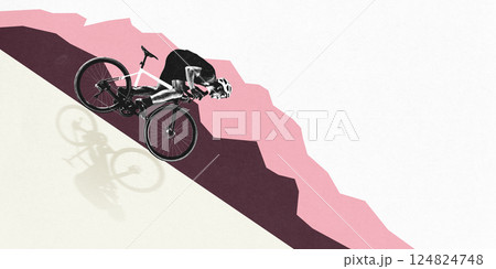 Contemporary collage design. Cyclist leaning low on steep gradient with layered mountain shadows. Precision movement. Concept of sport, speed racing 124824748