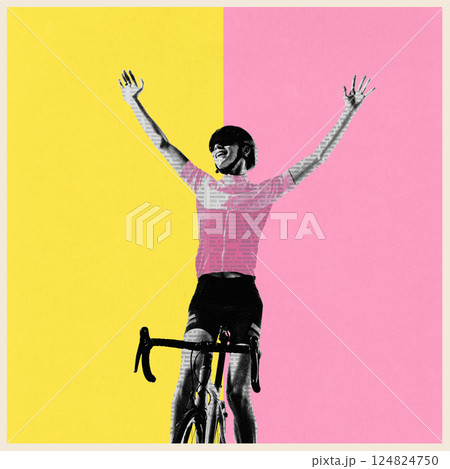 Conceptual art collage. Cyclist celebrating with wide arms against pink and yellow background. Strong finish. Champion energy. Conceptual art collage. Cyclist celebrating with wide arms against pink and yellow background. Strong finish. Champion energy. 124824750