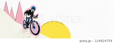 Contemporary collage design. Cyclist sprinting past yellow sun and sharp peaks. Sport focus. Uphill drive. Abstract terrain. Energy flash. 124824759