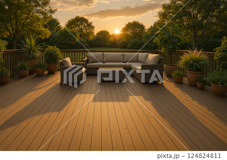 Summer house arrangement with cozy seating and sunset view over a green landscape 124824811