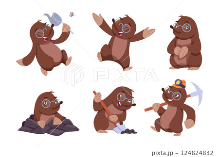 Mole animal. Cartoon mascot wild mole animal in action poses walking jumping working exact vector character 124824832
