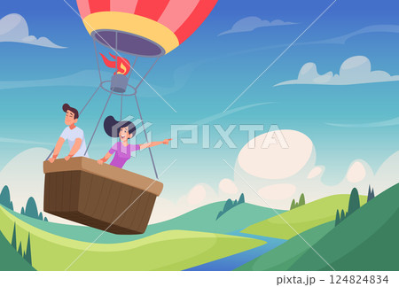 Sky balloon exploration. Happy travelers exploring outdoors and flying in hot air balloons exact Vector background illustration in a cartoon style Sky balloon exploration. Happy travelers exploring outdoors and flying in hot air balloons exact Vector background illustration in a cartoon style 124824834