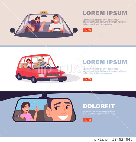 Talk in car. characters talking with driver. vector banners set 124824840