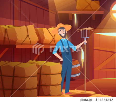 Standing farmer. interior of a barn with hay. vector cartoon background Standing farmer. interior of a barn with hay. vector cartoon background 124824842