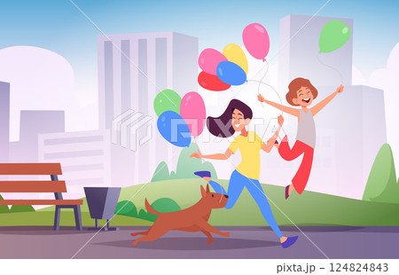 People with balloons. happy characters walking in city with balloons. vector background People with balloons. happy characters walking in city with balloons. vector background 124824843