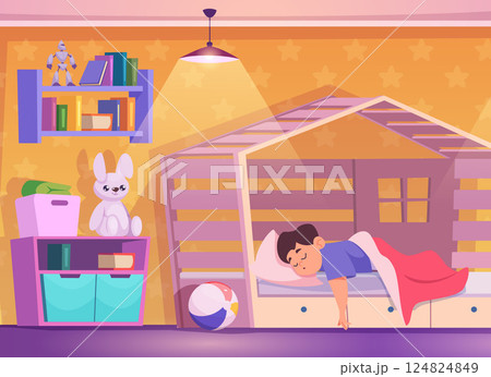 Boy sleeping. kid interior with big bed and toys 124824849