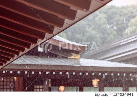 Raindrops fall from the wooden eaves of Meiji Shrine in Tokyo, blurring the view of the temple roof Raindrops fall from the wooden eaves of Meiji Shrine in Tokyo, blurring the view of the temple roof 124824941