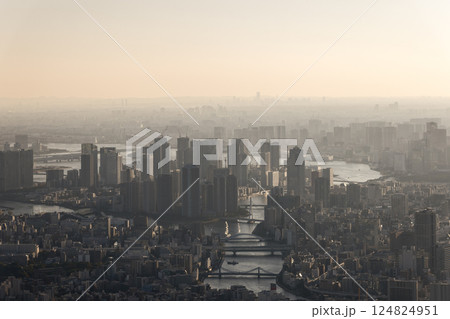 Panoramic shot of Tokyo at dusk, where high rise buildings and bridges emerge through the mist 124824951