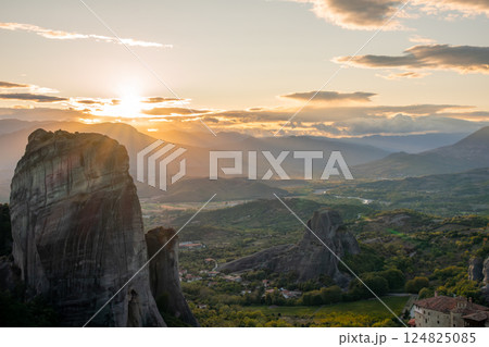 Sunset on the Meteora Rocks in the Mountains of Thessaly Sunset on the Meteora Rocks in the Mountains of Thessaly 124825085