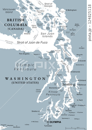 Puget Sound region, state of Washington, United States, political map. 124825118