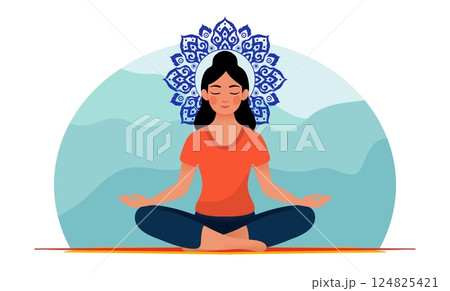 woman sitting in yoga lotus pose, Healthy wellness Asian woman yoga breathing meditating in lotus position, Spirit of the universe, A woman performs yoga and meditate, Meditation, mindfulness 124825421