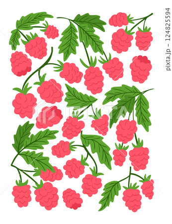 Bright poster illustration of pink raspberries with green leaves scattered on a white background. Symbolizes summer harvest, organic food and natural freshness in a cheerful botanical design Bright poster illustration of pink raspberries with green leaves scattered on a white background. Symbolizes summer harvest, organic food and natural freshness in a cheerful botanical design 124825594