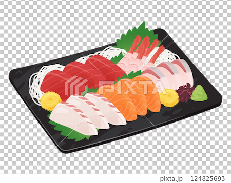 お皿に盛り付けた刺身盛り合わせのイラスト 124825693