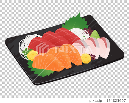 お皿に盛り付けた刺身盛り合わせのイラスト 124825697