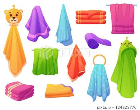 Cartoon bath towels. Children and adults fabric towel design in stack and rolls. Sunbathe, bathing accessories, bathroom soft cloth, nowaday vector set 124825770