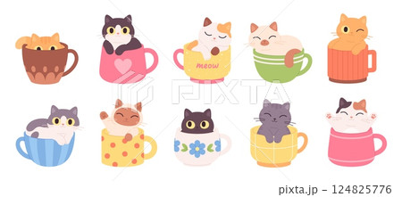 Cats in cups. Funny cat inside coffee cocoa or tea mug. Kawaii cartoon kittens, adorable fluffy fatty pets resting. Sweet drinks, beverages racy vector set 124825776
