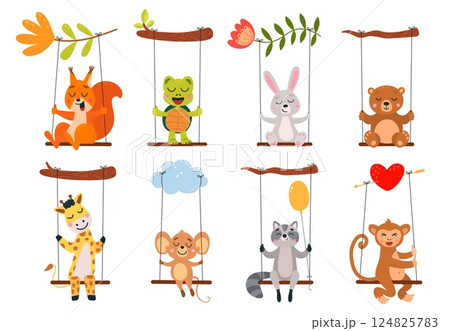 Animals riding on swing. Cute squirrel raccoon turtle bear have fun on different swings. Isolated cartoon children mascots, funny animal classy vector set 124825783