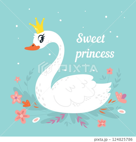 Princess swan print. Adorable white swan with golden crown. Cartoon lake bird with flowers. Decorative cute girly print, wedding decor, classy vector character 124825786
