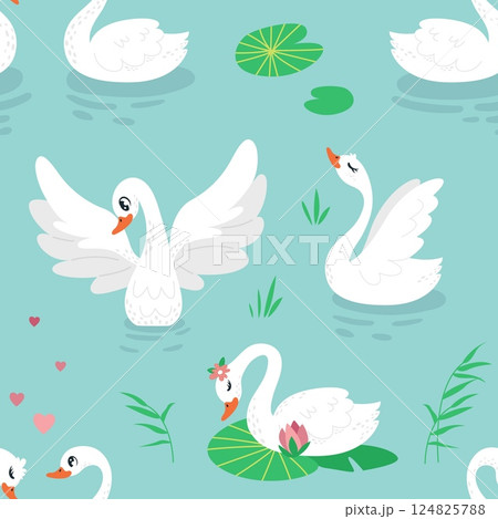 Cartoon swan seamless pattern. White fairytale swans on lake or pond. Beautiful animal nature print for fabric, wallpaper. Graceful classy vector background 124825788