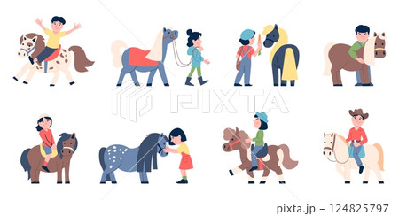 Kids with little horses. Amusement park or farm, equestrian for children. Girls and boys learting ride and care for pony, recent vector scenes Kids with little horses. Amusement park or farm, equestrian for children. Girls and boys learting ride and care for pony, recent vector scenes 124825797