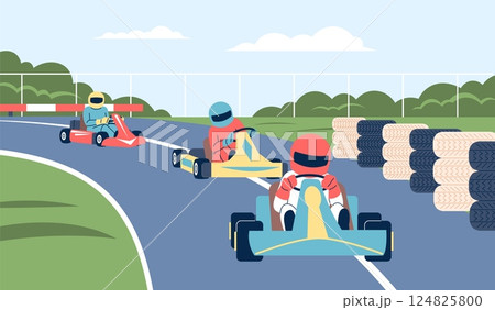 Kart championship. Racers on track, racing extreme competition or game in amusement park. Sportsmae in uniform and helmets, drivers recent vector scene Kart championship. Racers on track, racing extreme competition or game in amusement park. Sportsmae in uniform and helmets, drivers recent vector scene 124825800
