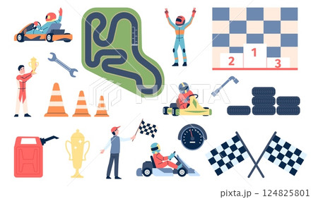 Karting accessories. Racers in cars, golden trophy, winner competition. Racing road map, flags and speedometer. Race equipment, recent vector set 124825801