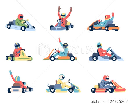 Karting cars. Flat karts racers different rotations, sport racing in open wheel cars. Sporting extreme drivers, isolated men in uniform driving auto, recent vector set 124825802