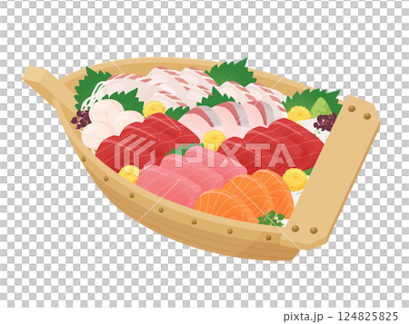 Illustration of a boat full of sashimi 124825825