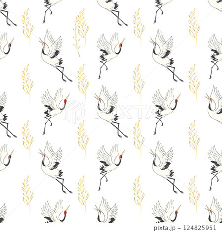 Japanese seamless pattern of birds and water. Traditional vintage fabric print. White and blue indigo background. Kimono design. 124825951