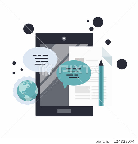 Blogging and journalism concept. Write you story. Tablet with chatting speech bubble and paper. Flat vector design Blogging and journalism concept. Write you story. Tablet with chatting speech bubble and paper. Flat vector design 124825974