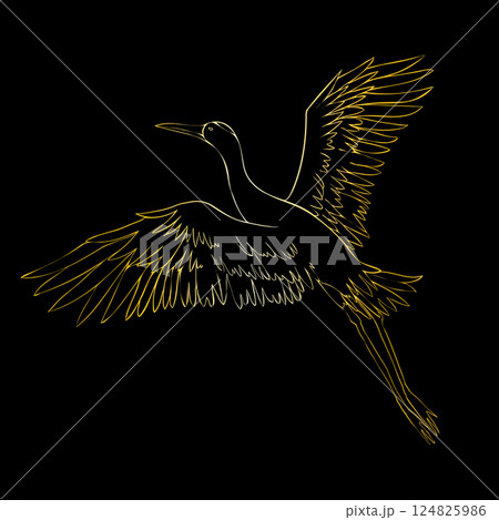 An illustration of a crane in flight on a plain black background. The crane is depicted with elegant, elongated wings 124825986