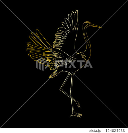 An illustration of a crane in flight on a plain black background. The crane is depicted with elegant, elongated wings 124825988