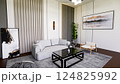 Modern Grey Sofa Living Room Interior with Wooden Accents 3D Render 124825992